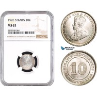 AB758, Straits Settlements, George V, 10 Cents 1926, Silver, NGC MS62