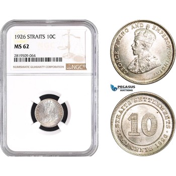 AB758, Straits Settlements, George V, 10 Cents 1926, Silver, NGC MS62