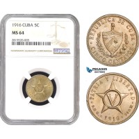 AB772, Cuba, 5 Centavos 1916, Philadelphia, NGC MS64 AB772, Cuba, 5 Centavos 1916, Philadelphia, NGC MS64