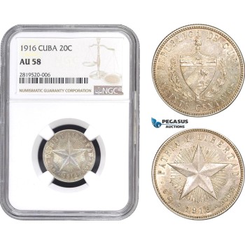 AB773, Cuba, 20 Centavos 1916, Philadelphia, Silver, NGC AU58