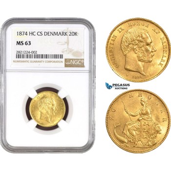 AB775-R, Denmark, Christian IX, 20 Kroner 1874, Copenhagen, Gold, NGC MS63, Rare! Pop 1/0