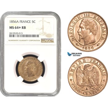 AB779, France, Napoleon III, 5 Centimes 1856-A, Paris, NGC MS64+ RB, Pop 1/0