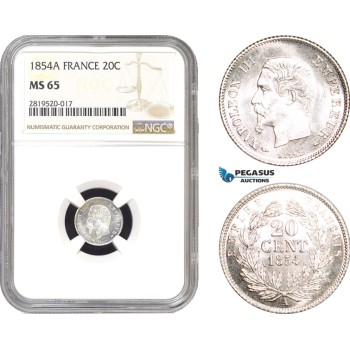 AB782, France, Napoleon III, 20 Centimes 1854-A, Paris, Silver, NGC MS65