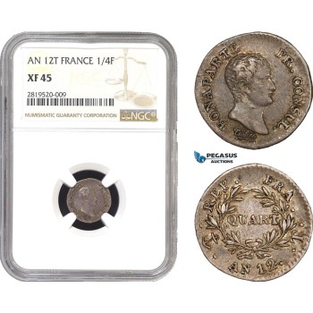 AB783, France, Napoleon, 1/4 Franc AN 12-T, Nantes, Silver, NGC XF45