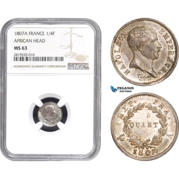 AB784, France, Napoleon, 1/4 Franc 1807-A, Paris, Silver African Head NGC MS63