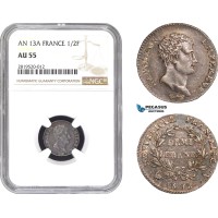 AB786, France, Napoleon, 1/2 Franc AN 13-A, Paris, Silver, NGC AU55