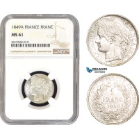 AB787, France, Second Republic, 1 Franc 1849-A, Paris, Silver, NGC MS61