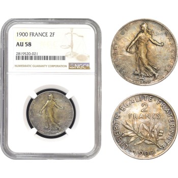 AB788, France, Third Republic, 2 Francs 1900, Paris, Silver, NGC AU58