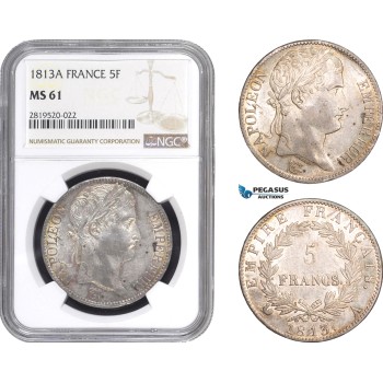 AB789, France, Napoleon, 5 Francs 1813-A, Paris, Silver, NGC MS61