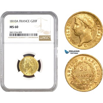 AB791, France, Napoleon, 20 Francs 1810-A, Paris, Gold, NGC MS60