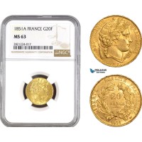 AB792, France, Second Republic, 20 Francs 1851-A, Paris, Gold, NGC MS63
