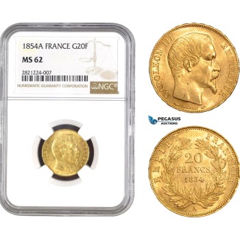 AB793, France, Napoleon III, 20 Francs 1854-A, Paris, Gold, NGC MS62