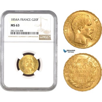 AB794, France, Napoleon III, 20 Francs 1854-A, Paris, Gold, NGC MS63
