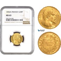 AB795, France, Napoleon III, 20 Francs 1856-A, Paris, Gold, NGC MS63