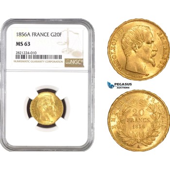 AB796, France, Napoleon III, 20 Francs 1856-A, Paris, Gold, NGC MS63