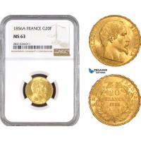 AB797, France, Napoleon III, 20 Francs 1856-A, Paris, Gold, NGC MS63