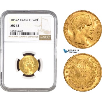 AB798, France, Napoleon III, 20 Francs 1857-A, Paris, Gold, NGC MS63