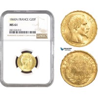 AB799, France, Napoleon III, 20 Francs 1860-A, Paris, Gold, NGC MS61