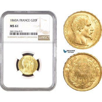 AB799, France, Napoleon III, 20 Francs 1860-A, Paris, Gold, NGC MS61