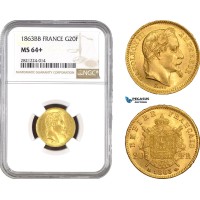 AB800, France, Napoleon III, 20 Francs 1863-BB, Strasbourg, Gold, NGC MS64+