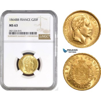 AB801, France, Napoleon III, 20 Francs 1864-BB (Small) Strasbourg, Gold, NGC MS63