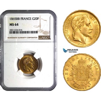 AB802, France, Napoleon III, 20 Francs 1865-BB, Strasbourg, Gold, NGC MS64