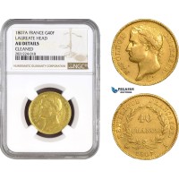 AB803, France, Napoleon, 40 Francs 1807-A, Paris, Gold "Laureate Head" NGC AU Details, Rare!