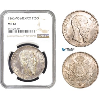 AB807, Mexico, Maximilian, Peso 1866-Mo, Mexico City, Silver, NGC MS61