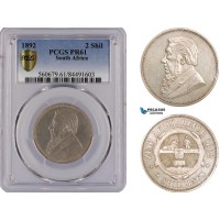 AB821, South Africa (ZAR) 2 Shillings 1892, Berlin, Silver, PCGS PR61, Rare!