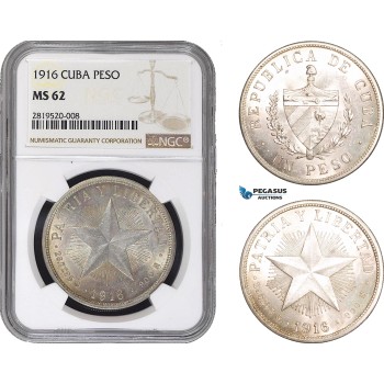 AB826, Cuba, Peso 1916, Philadelphia, Silver, NGC MS62
