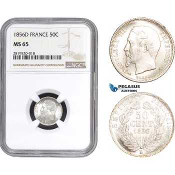 AB827, France, Napoleon III, 50 Centimes 1856-D, Lyon, Silver, NGC MS65, Pop 1/0
