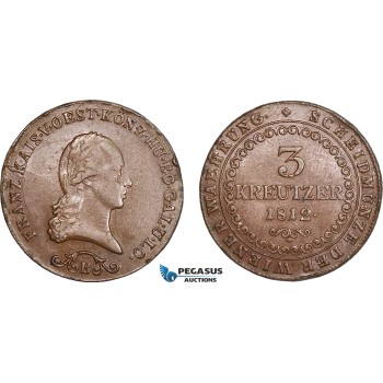 AB828, Austria, Franz I, 3 Kreuzer 1812-B, Kremnitz, aXF