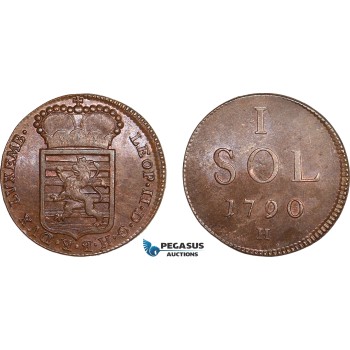 AB830, Luxembourg, Leopold II of Austria, 1 Sol 1790-H, Günzburg, Lustrous AU