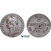 AB833, France, First Republic, 5 Centimes L'an 4-A, Paris, Lustrous AU (SUP)