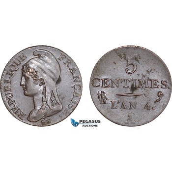AB833, France, First Republic, 5 Centimes Lan 4-A, Paris, Lustrous AU (SUP)