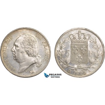 AB834, France, Louis XVIII, 5 Francs 1824-A, Paris, Silver, Minor Scratches, AU-UNC
