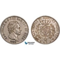 AB837, Italy, Sardinia, Carlo Felice, 5 Lire 1830-P, Genoa, Silver, Toned aXF