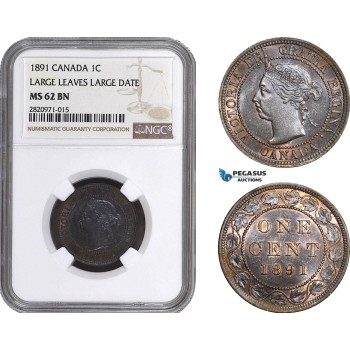 AB854, Canada, Victoria, 1 Cent 1891 Large Leaves, Large Date NGC MS62BN