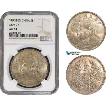 AB863, China, Fat man Dollar Yr. 9 (1920) Silver, L&M 77, NGC MS63