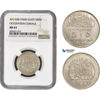 AB869, Egypt, Occupation Coinage, 5 Piastres AH1338 /1920-H, Heaton, Silver, NGC MS63