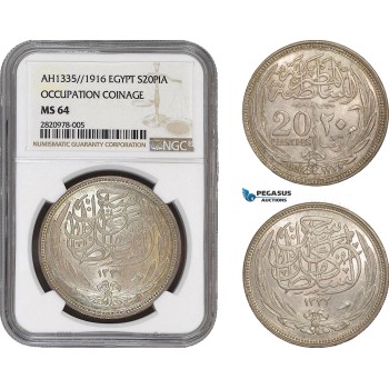 AB870, Egypt, Occupation Coinage, 20 Piastres AH1335 /1916, Silver, NGC MS64