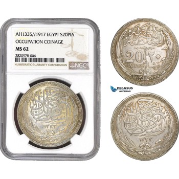 AB871, Egypt, Occupation Coinage, 20 Piastres AH1335 /1917, Silver, NGC MS62
