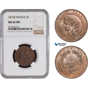 AB875, France, Third Republic, 5 Centimes 1873-K, Bordeaux, NGC MS62BN, Pop 1/0, Rare!