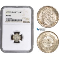 AB876, France, Louis Philippe I, 1/4 Franc 1838-B, Rouen, Silver, NGC MS63, Pop 1/0