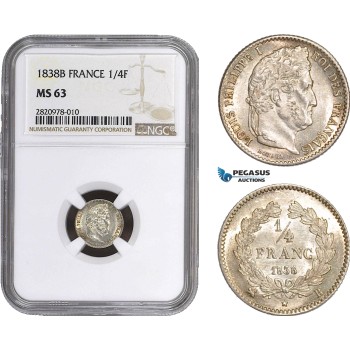 AB876, France, Louis Philippe I, 1/4 Franc 1838-B, Rouen, Silver, NGC MS63, Pop 1/0