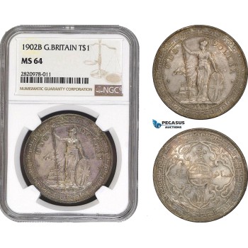 AB877, Great Britain, Trade Dollar 1902-B, Bombay, Silver, NGC MS64