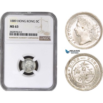 AB878, Hong Kong, Victoria, 5 Cents 1889, Silver, NGC MS63