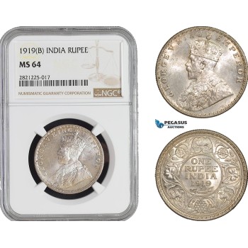 AB883, India, George V, 1 Rupee 1919 (B) Bombay, Silver, NGC MS64