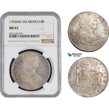 AB885, Mexico, Charles IV, 8 Reales 1793 Mo FM, Mexico City, Silver, NGC MS61