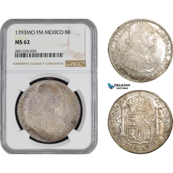 AB886, Mexico, Charles IV, 8 Reales 1793 Mo FM, Mexico City, Silver, NGC MS62